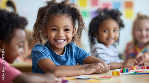 Happy smiling kids are doing arts and crafts in day care centre together. Education concept