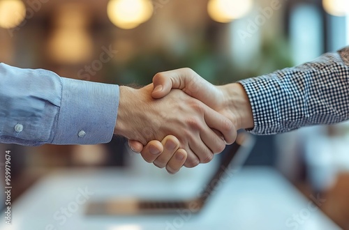 Close-up of two businessmen shaking hands in office. Handshake concept