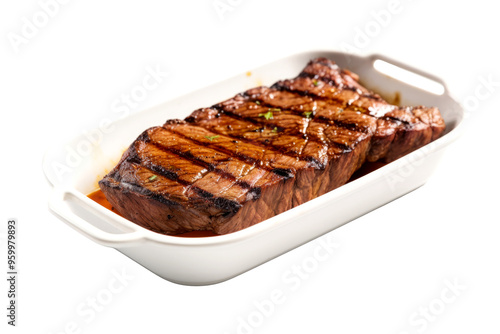 grilled steak in dish isolated on white