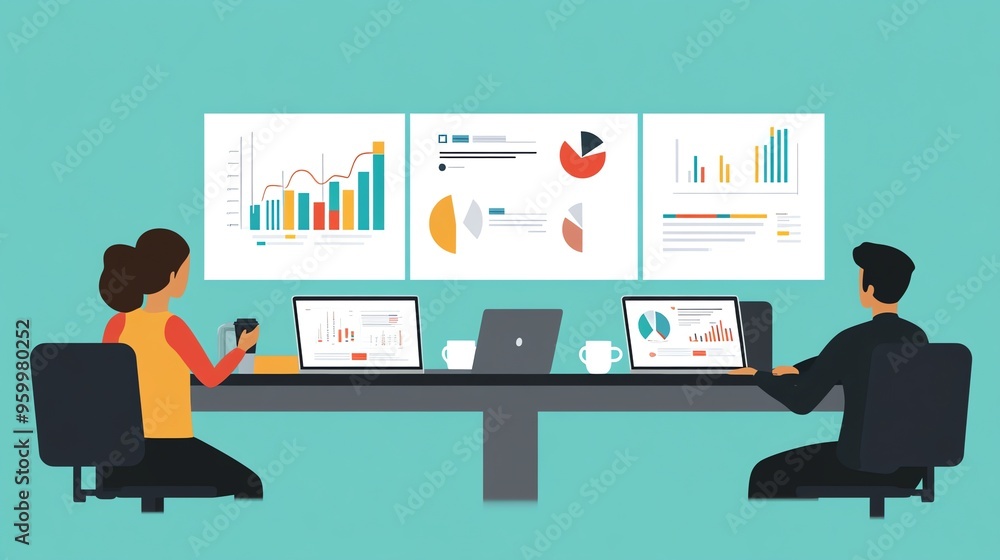Two Businesspeople Analyzing Data Charts at Desk Two Businesspeople Analyzing Data Charts at Desk