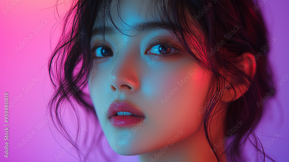 A captivating portrait of a Korean woman illuminated by vibrant neon lights in an artistic setting at dusk A captivating portrait of a Korean woman illuminated by vibrant neon lights in an artistic setting at dusk