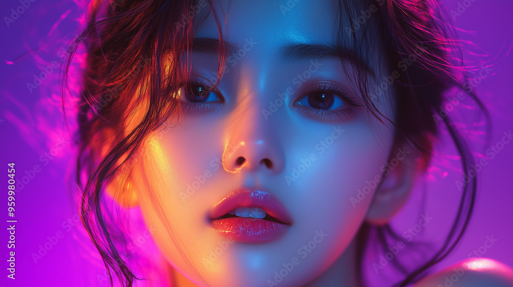 A young Korean woman poses gracefully against a vibrant neon backdrop, showcasing her expressive look during evening hours in a modern urban setting A young Korean woman poses gracefully against a vibrant neon backdrop, showcasing her expressive look during evening hours in a modern urban setting