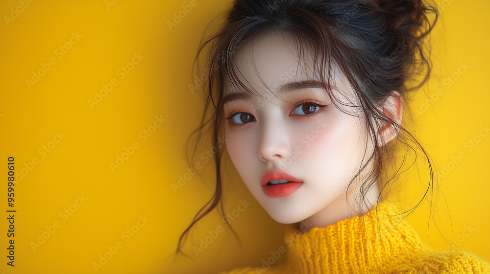 Korean woman with elegant posture against a bright yellow background, showcasing her natural beauty and serene expression Korean woman with elegant posture against a bright yellow background, showcasing her natural beauty and serene expression