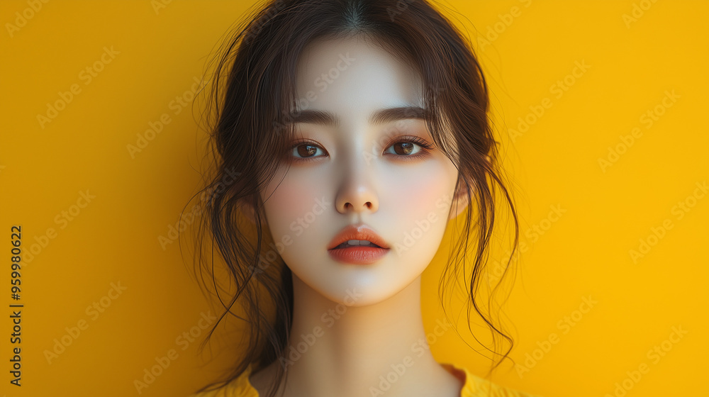 A Korean woman poses against a yellow backdrop, showcasing timeless beauty and elegance in soft natural light A Korean woman poses against a yellow backdrop, showcasing timeless beauty and elegance in soft natural light