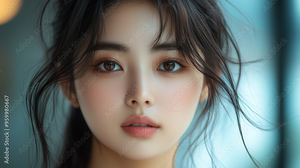 Portrait of a Korean woman with flowing hair, showcasing her natural beauty in soft light indoors during the afternoon Portrait of a Korean woman with flowing hair, showcasing her natural beauty in soft light indoors during the afternoon