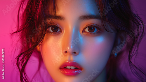 Wallpaper Mural Korean woman with captivating eyes and glowing skin under colorful lighting in a vibrant studio setting Torontodigital.ca