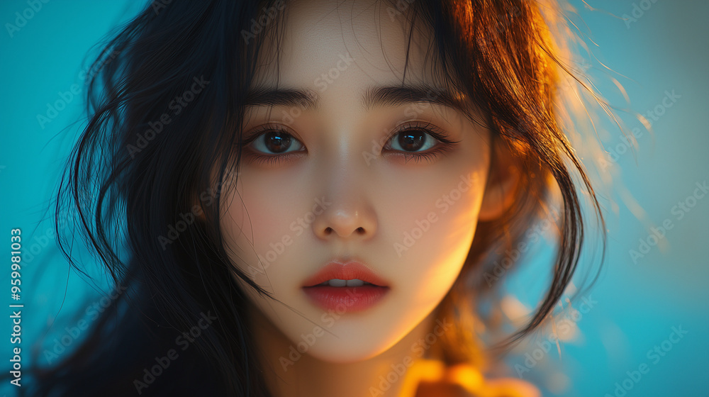 A Korean woman with flowing hair gazes thoughtfully against a soft blue background during golden hour in an urban setting A Korean woman with flowing hair gazes thoughtfully against a soft blue background during golden hour in an urban setting