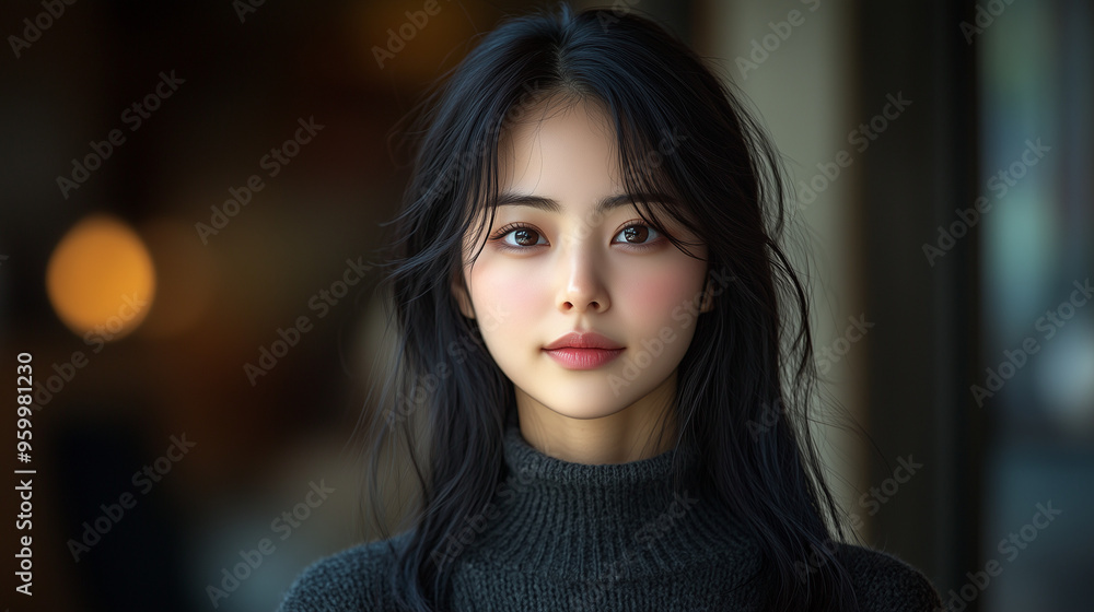 Fototapeta premium A Korean woman poses with a serene expression in soft lighting, showcasing her natural beauty in an indoor setting