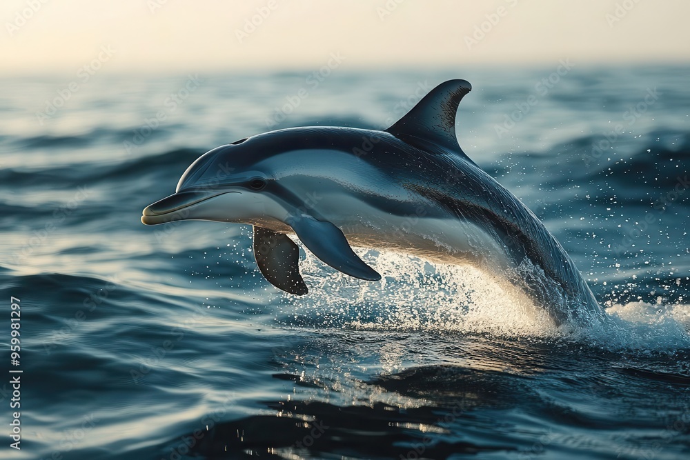 Obraz premium majestic dolphin midleap above a pristine blue ocean surface showcasing power and grace against a clear sky