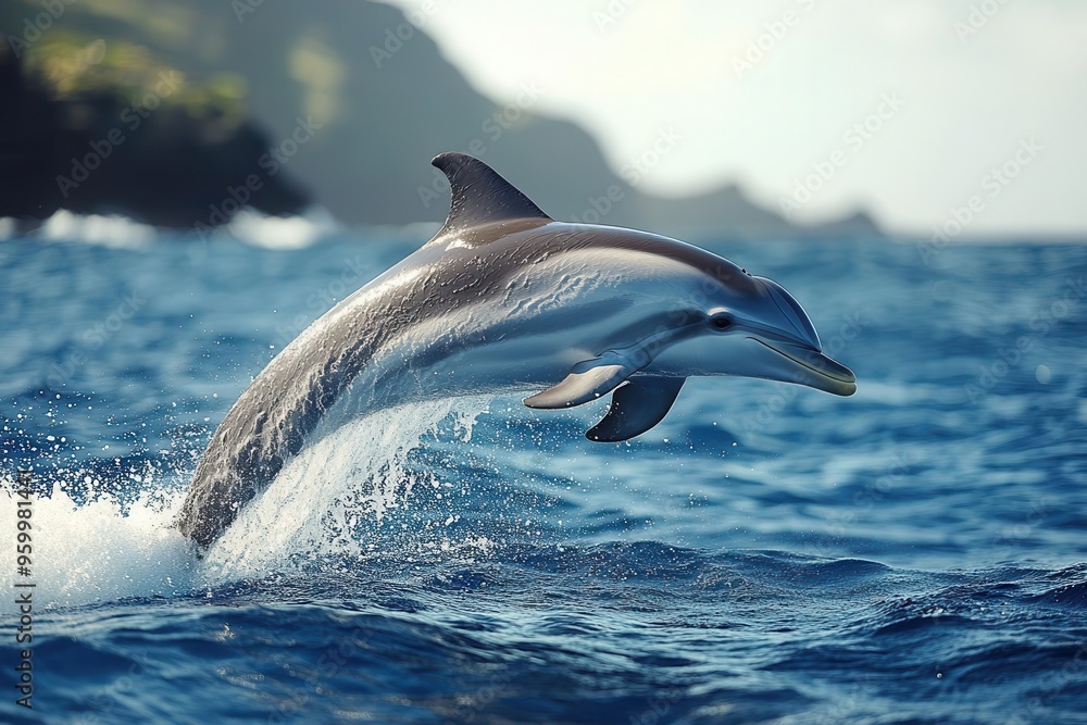 Fototapeta premium majestic dolphin midleap above a pristine blue ocean surface showcasing power and grace against a clear sky