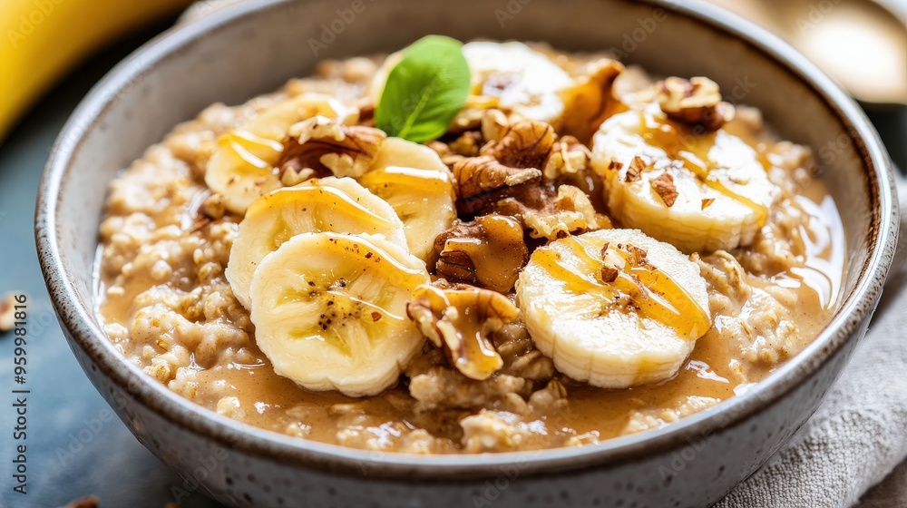 A bowl of creamy vegan oatmeal is garnished with fresh banana slices, walnuts, and a drizzle of honey. Morning light casts a warm glow, enhancing the delightful presentation A bowl of creamy vegan oatmeal is garnished with fresh banana slices, walnuts, and a drizzle of honey. Morning light casts a warm glow, enhancing the delightful presentation