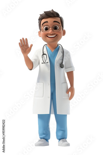 3D cartoon-style doctor, waving hand, wearing a white coat and blue scrubs, with a cheerful expression