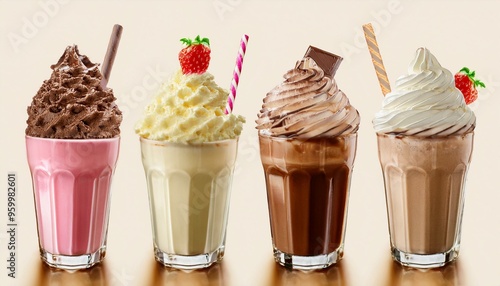 Chocolate, vanilla, and possibly strawberry flavoured milkshakes with whipped cream isolated. ai generated