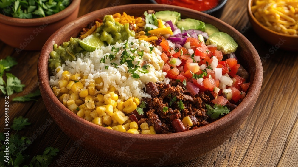 Burrito bowl, a deconstructed burrito served in a bowl. Burrito bowl, a deconstructed burrito served in a bowl.