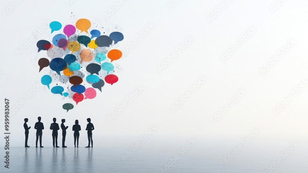 Silhouettes of figures with swirling speech bubbles, silhouette conversation bubble, chaotic communication Silhouettes of figures with swirling speech bubbles, silhouette conversation bubble, chaotic communication