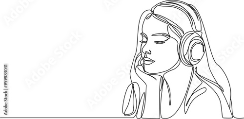 continuous single line drawing of young woman with closed eyes listening to music using headphones, line art vector illustration