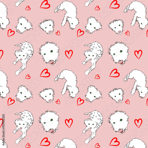 Pattern con graziosi barboncini bianchi  e cuori rossi su sfondo rosa