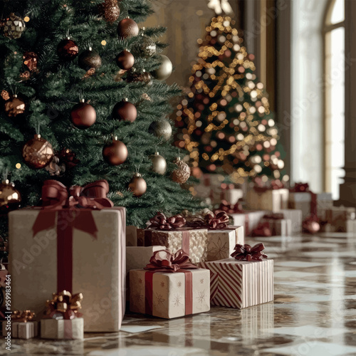 Christmas gifts close-up under a decorated New Year tree.Vector.Holiday illustration,template for a greeting card.
