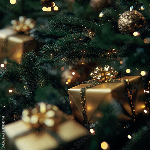 Christmas gifts close-up under a decorated New Year tree.Vector.Holiday illustration,template for a greeting card.