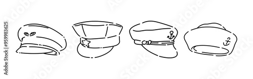 Set line drawing of police hat, sailor cap, pilot hat. Isolated on white background. Vector illustration.