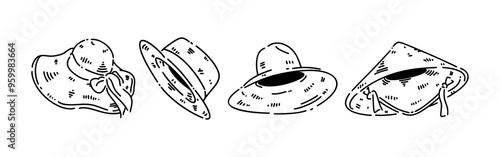 Set line drawing of straw hat, sun hat, farmer hat. Isolated on white background. Vector illustration.