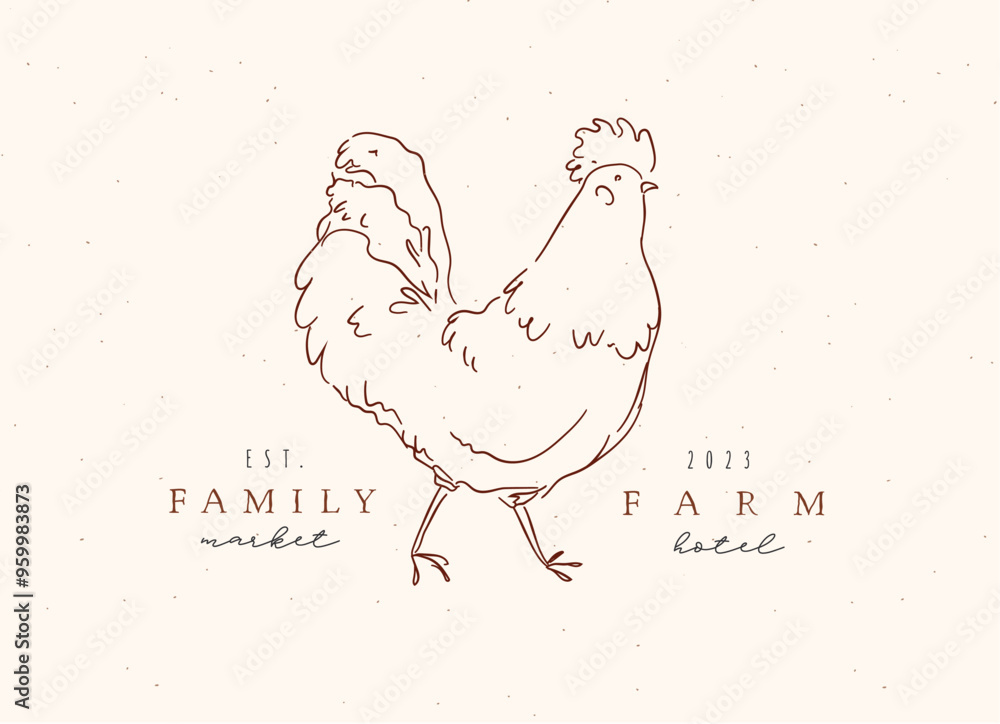 Rooster family farm market with inscription drawing on beige background