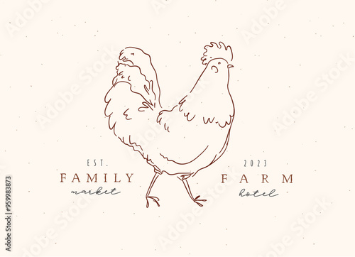 Obraz na płótnie Rooster family farm market with inscription drawing on beige background w salonie