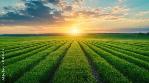 Calm agricultural background showcasing a freshly cut alfalfa field extending to a broad, open sky, creating a serene and peaceful rural atmosphere.