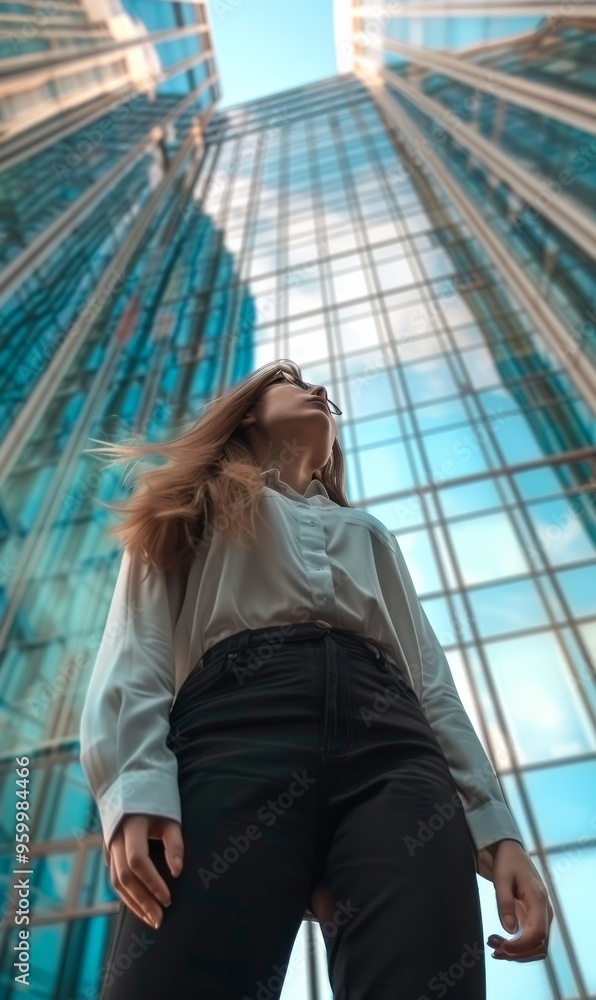 Low angle view of businesswoman standing against modern glass office building Low angle view of businesswoman standing against modern glass office building