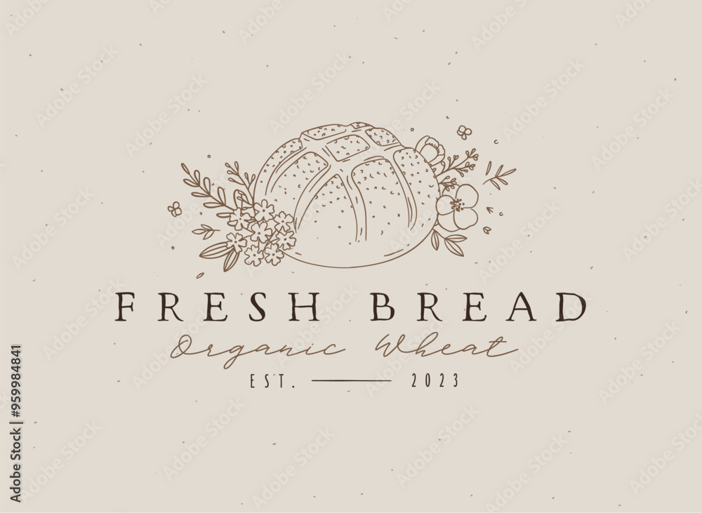 Farm bread with inscription organic wheat and floral arrangement drawing on beige background