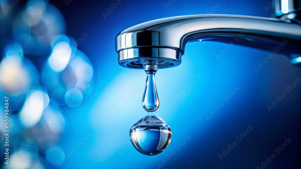 A lone droplet of transparent water trickles from the faucet's edge, falling with deliberate slowness against a blurred A lone droplet of transparent water trickles from the faucet's edge, falling with deliberate slowness against a blurred