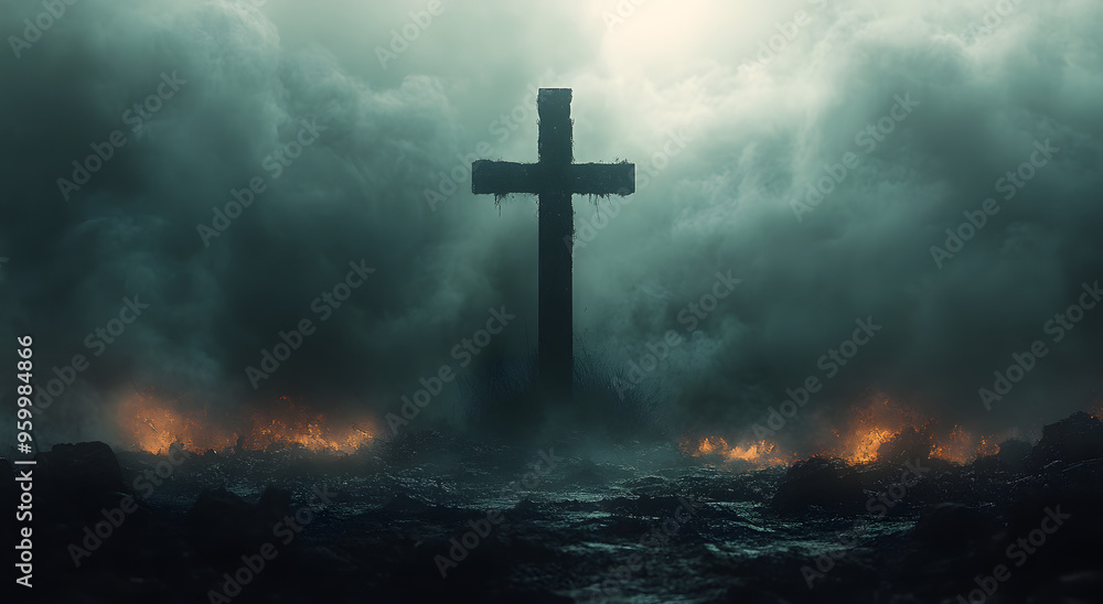 “A Cross Stands Tall in the Middle of a Battlefield, Surrounded by Smoke and Debris, Symbolizing Hope, Faith, and Resilience Amidst Chaos and Destruction, Perfect for Themes of War, Spiritual Strength “A Cross Stands Tall in the Middle of a Battlefield, Surrounded by Smoke and Debris, Symbolizing Hope, Faith, and Resilience Amidst Chaos and Destruction, Perfect for Themes of War, Spiritual Strength