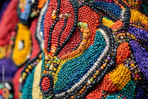 Traditional Haitian Vodou flag, intricate beadwork, vibrant colors, and the cultural artistry, spiritual and artistic heritage of Haiti photo