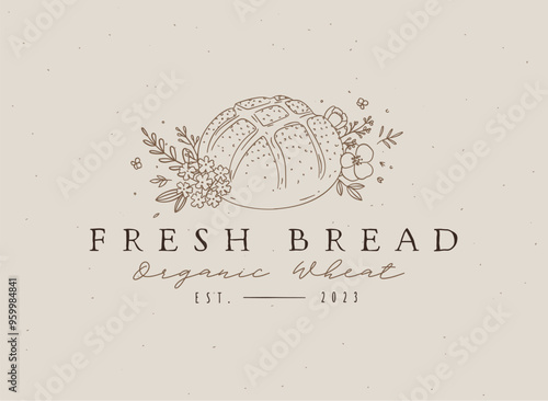 Obraz na płótnie Farm bread with inscription organic wheat and floral arrangement drawing on beige background w salonie