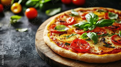 A vibrant vegan gluten-free pizza features a crispy crust adorned with slices of ripe tomatoes and fresh basil, ready to enjoy on a rustic wooden board photo