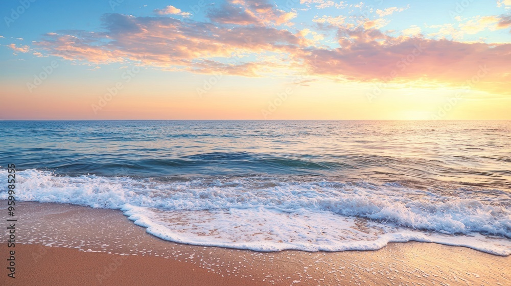 A calm ocean scene with gentle waves rolling onto a sandy beach at sunset. A calm ocean scene with gentle waves rolling onto a sandy beach at sunset.