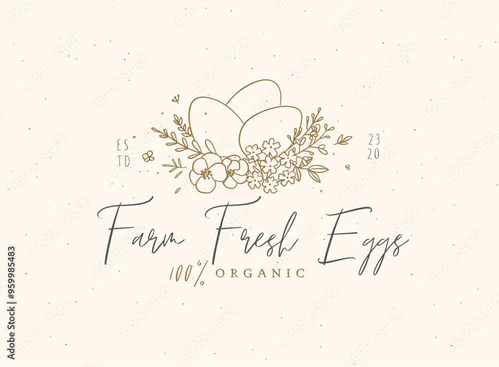 Fresh farm organic eggs with floral arrangement drawing on beige background