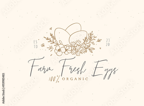 Obraz na płótnie Fresh farm organic eggs with floral arrangement drawing on beige background w salonie