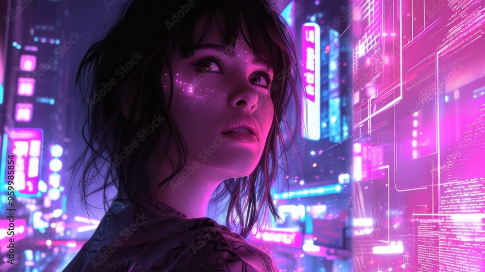 A futuristic cityscape illuminated by vibrant neon lights, featuring a woman with glowing facial markings. The dynamic lighting and urban setting evoke a sense of excitement and modernity. A futuristic cityscape illuminated by vibrant neon lights, featuring a woman with glowing facial markings. The dynamic lighting and urban setting evoke a sense of excitement and modernity.
