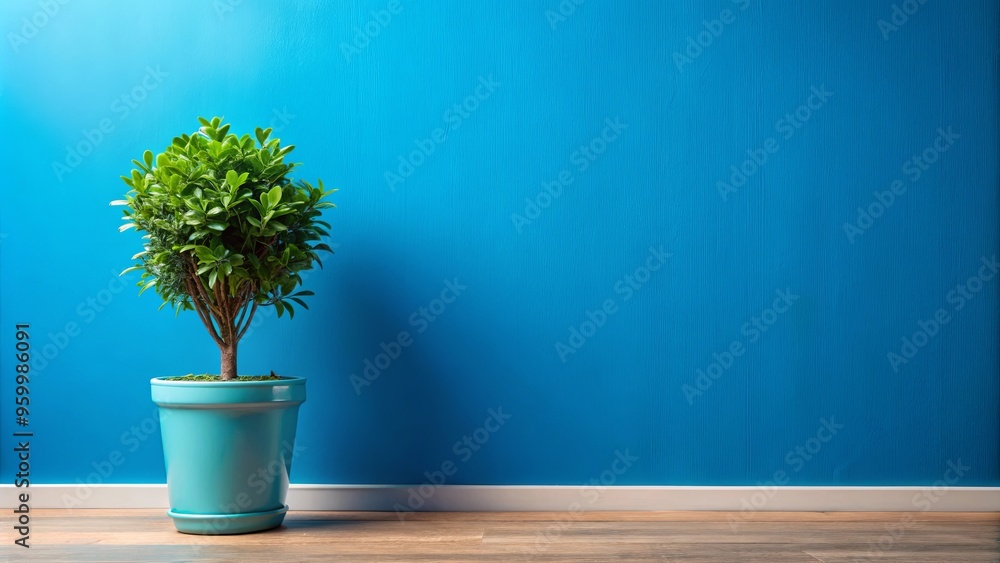 Fototapeta premium A green potted plant in front of a bright blue wall