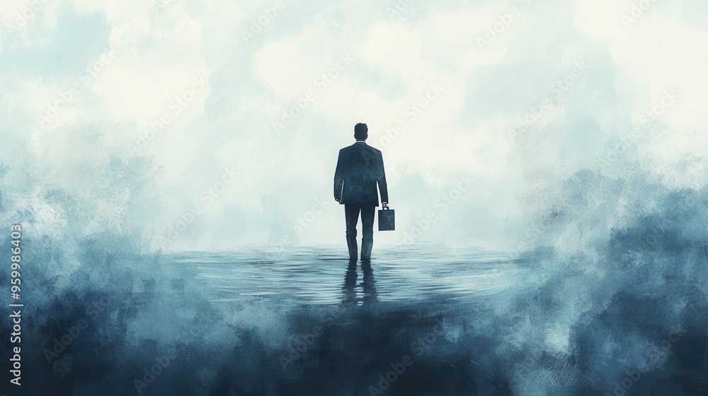 The Resilient Entrepreneur - Businessman on Sinking Ship in Watercolor Painting with Muted Tones and Soft Textures The Resilient Entrepreneur - Businessman on Sinking Ship in Watercolor Painting with Muted Tones and Soft Textures