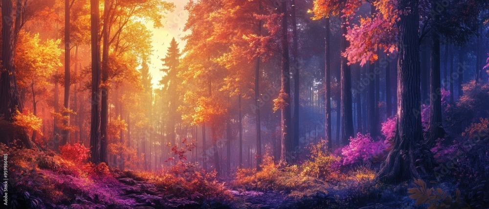 Enchanting Autumnal Forest Bathed in Golden Light Enchanting Autumnal Forest Bathed in Golden Light