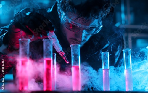 Sinister scientist in a dark, smoky laboratory with glowing test tubes, embodying the intensity and unpredictability of groundbreaking experiments