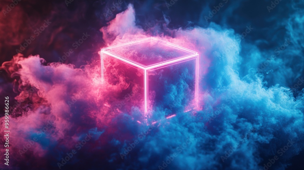 Futuristic Neon Cube with Glowing Clouds Night Sky Futuristic Neon Cube with Glowing Clouds Night Sky