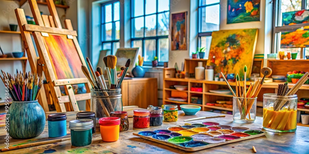 Colorful art studio with various paints and brushes, perfect for creative projects Colorful art studio with various paints and brushes, perfect for creative projects