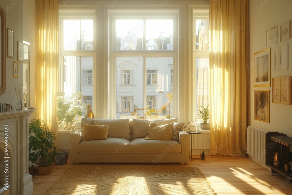 Fototapeta premium Sunlit Living Room with City View