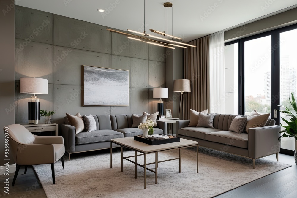 Fototapeta premium Contemporary Living Room Design with Muted Gray and Soft Taupe Hues, Textured Microcement Wall, and Elegant Office Decor
