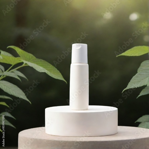 Minimalist White Cosmetic Bottle on Nature Background mockup 