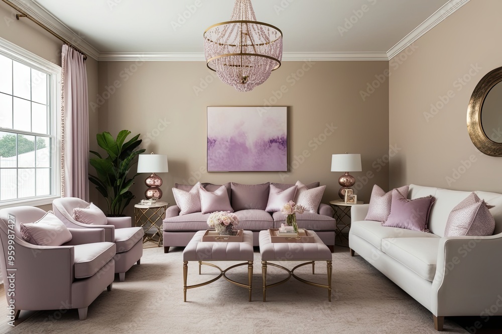 Elegant Interior Family Area with Soft Beige Wall and Luxe Pastel Lilac Accents Elegant Interior Family Area with Soft Beige Wall and Luxe Pastel Lilac Accents