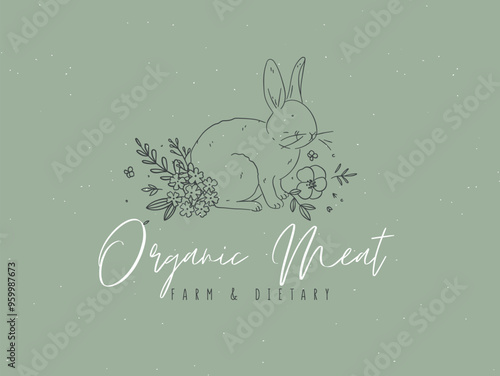 Obraz na płótnie Rabbit with floral arrangement and inscription organic meat farm and dietary drawing on green background w salonie